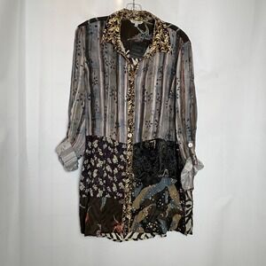 John Mark Patchwork Bird Zebra Print Button Down Shirt Dress Tunic Top L Artsy